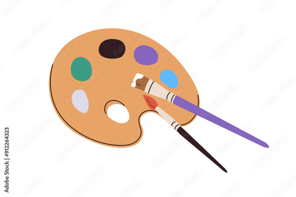 © Good Studio - Paint palette and brushes. Painting color pallette, creative drawing tool. Artistic supplies, oil colour pallet on wooden board, artist accessory. Flat vector illustration isolated on white background