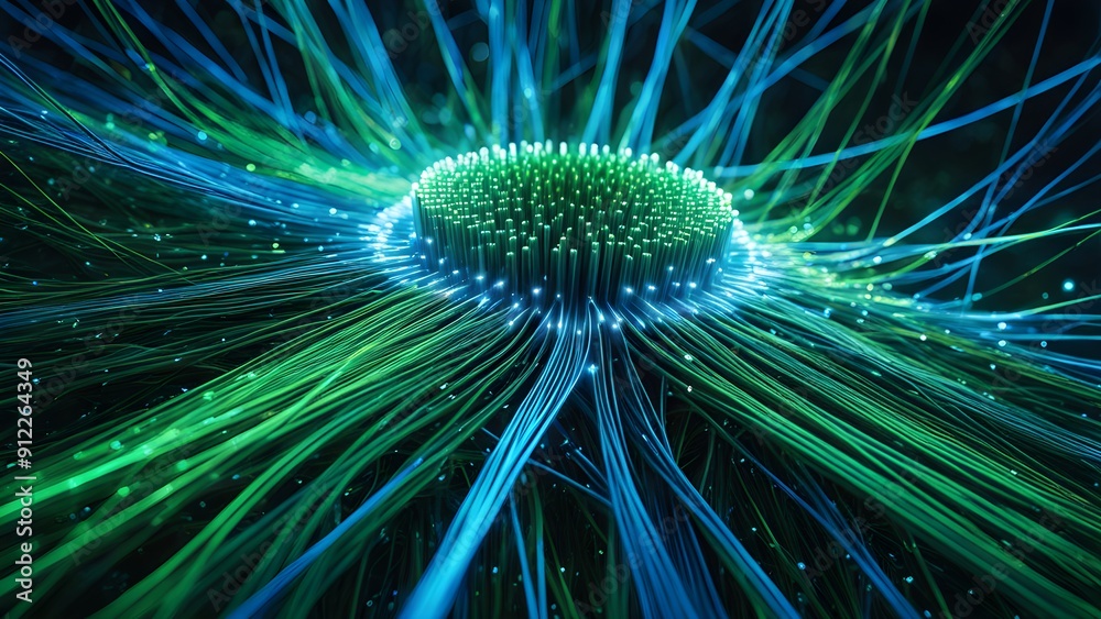 Fototapeta premium A green and blue image of a glowing, colorful, and intricate web of wires