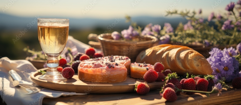 Picnic in the mountains. Fresh pastries, wine, croissants and berries Picnic in the mountains. Fresh pastries, wine, croissants and berries