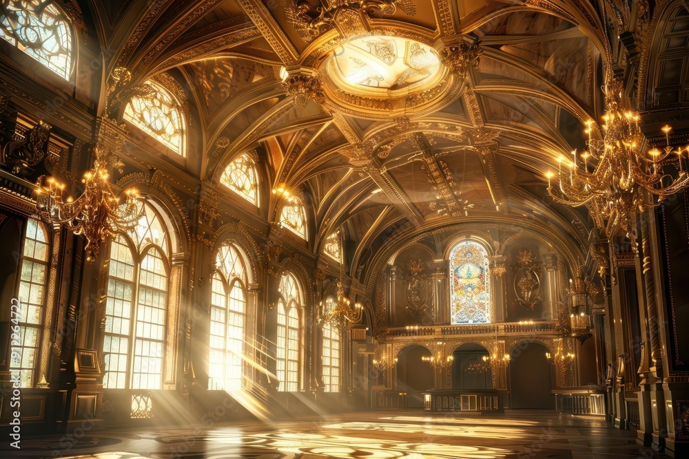 Obraz premium opulent fantasy palace interior soaring ceilings intricate gold detailing magical light streams through stained glass regal atmosphere perfect for epic tales