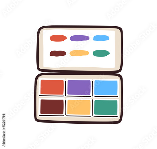 Watercolor box, water colour palette. Open paint case with colors for creative drawing. Artistic accessory, supplies. Watercolors paintbox. Flat vector illustration isolated on white background