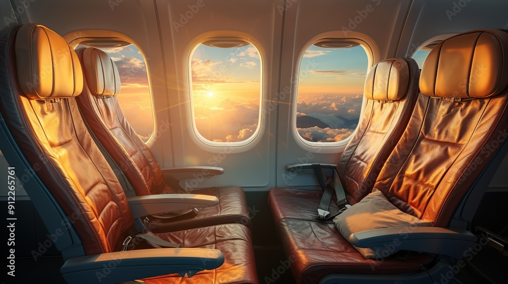 Airplane interior with seats and window view on beautiful sunset sky. Airplane interior with seats and window view on beautiful sunset sky.