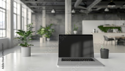 Wallpaper Mural Laptop, Coffee Cup, and Plant on a White Desk in a Modern Office Torontodigital.ca