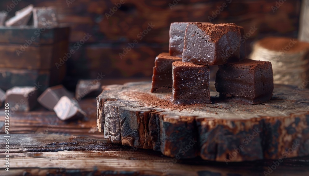Homemade Chocolate Fudge Cubes on Wooden Slice, Gourmet Treat, Rich and Decadent Homemade Chocolate Fudge Cubes on Wooden Slice, Gourmet Treat, Rich and Decadent