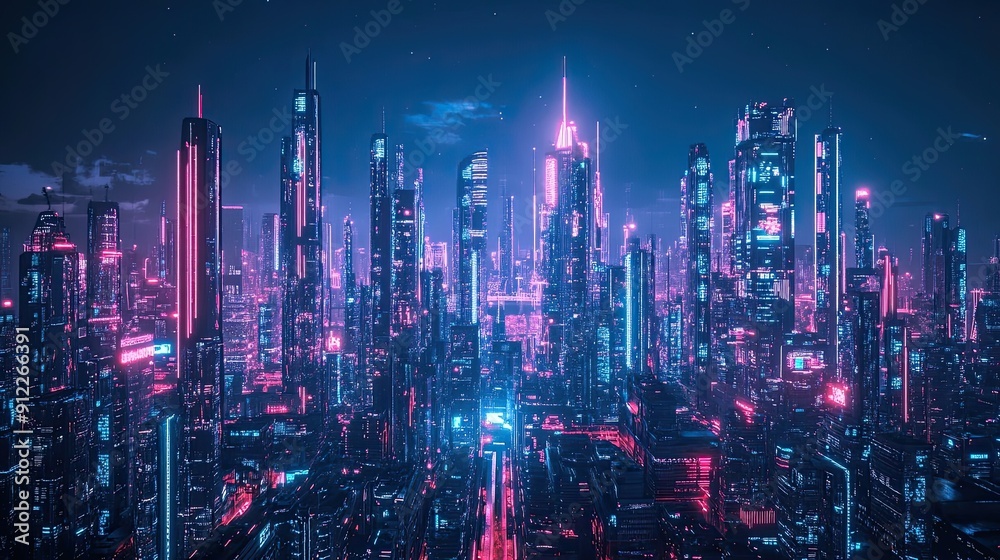Fototapeta premium Futuristic Cityscape at Night with Neon Lights