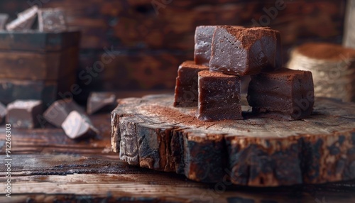 Homemade Chocolate Fudge Cubes on Wooden Slice, Gourmet Treat, Rich and Decadent