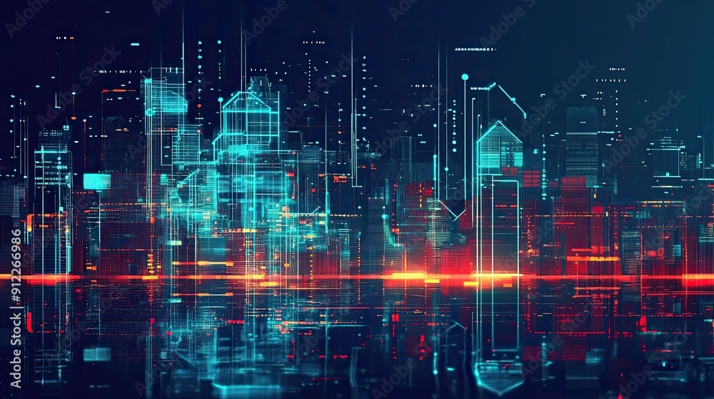 Fototapeta premium A Digital Cityscape with Neon Lights and Grids