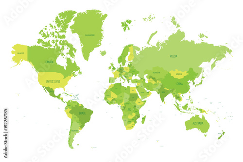 Map of World. Mercator projection. High detailed political map of countries and dependent territories. Simple flat vector illustration