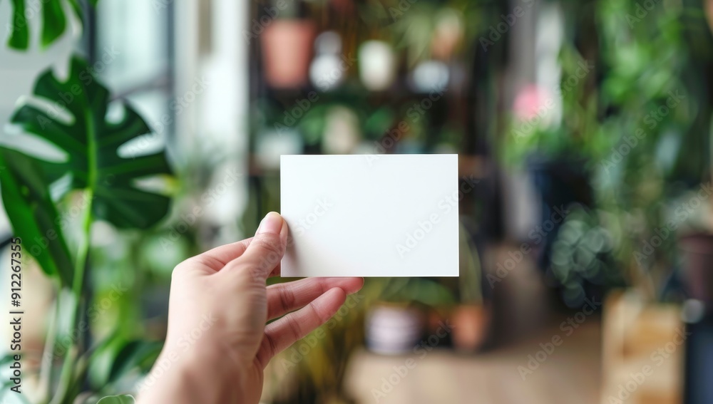 Hand Holding Blank White Card Against Blurred Greenery Background Hand Holding Blank White Card Against Blurred Greenery Background