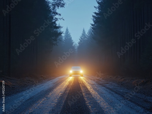 Night road in pine forest, car headlights illuminating the path, mysterious and adventurous