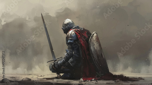 Against the background of abstract textures, a knight in full attire stands on one knee, ready for battle. His sword is pointing downwards, and his shield protects his chest.