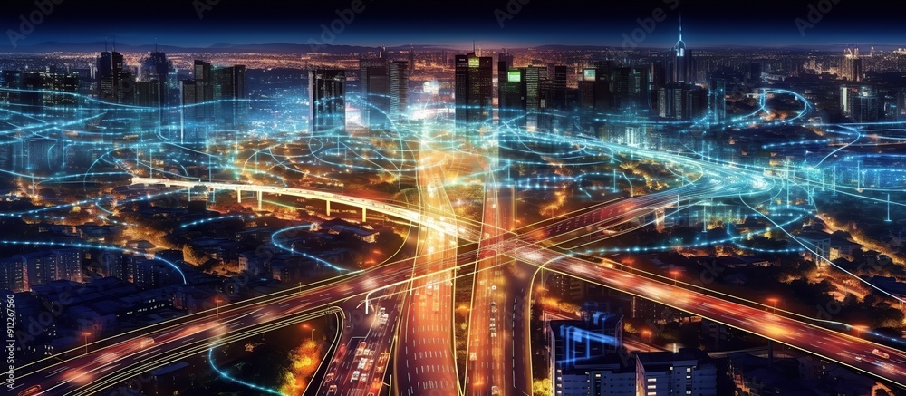 Futuristic Cityscape with Digital Network Overlays