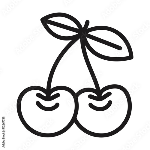 Line art illustration of two cherries with a stem and leaves. Vector illustration