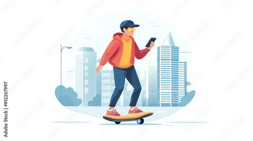 young man is riding an electric skateboard while holding his phone in one hand and wearing trendy , with tall buildings behind him young man is riding an electric skateboard while holding his phone in one hand and wearing trendy , with tall buildings behind him