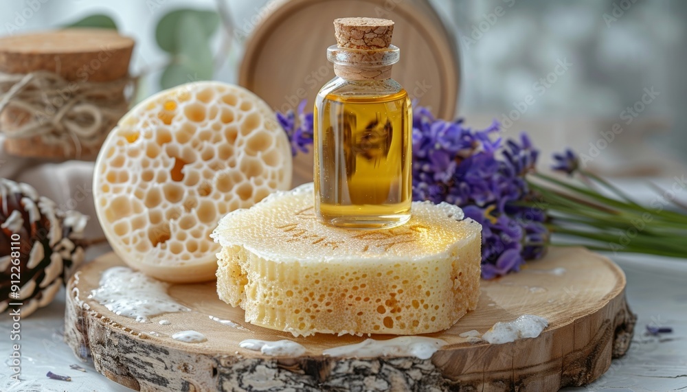 Natural Cosmetic Oil and Handmade Soap with Loofah, Healthy Skincare, Spa Concept, Clean and Fresh Natural Cosmetic Oil and Handmade Soap with Loofah, Healthy Skincare, Spa Concept, Clean and Fresh