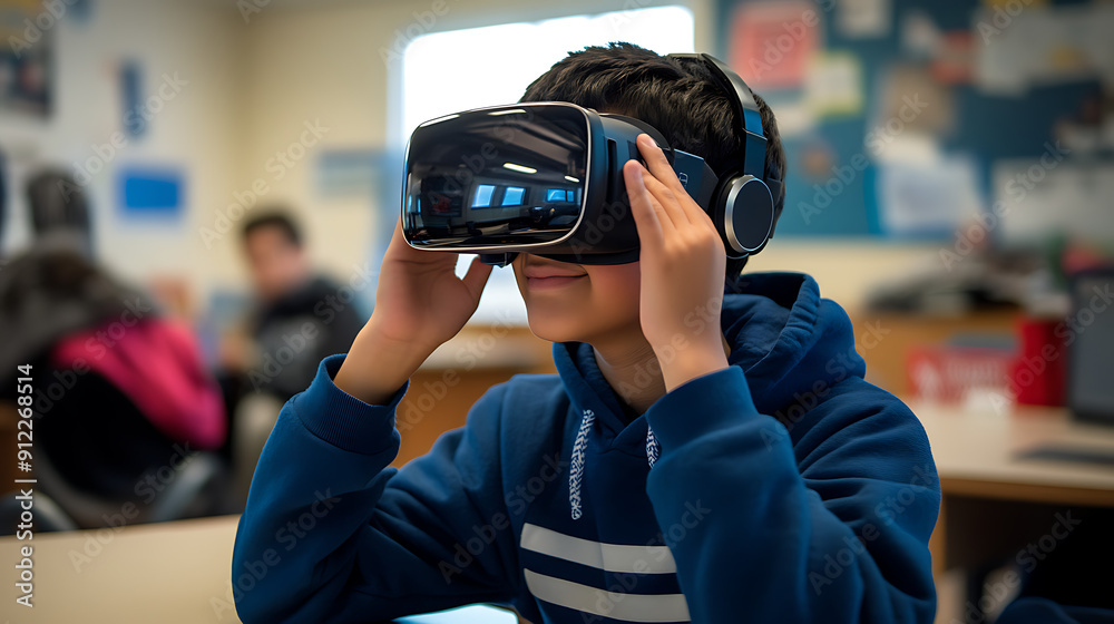 A student using a virtual reality headset for an interactive learning experience A student using a virtual reality headset for an interactive learning experience