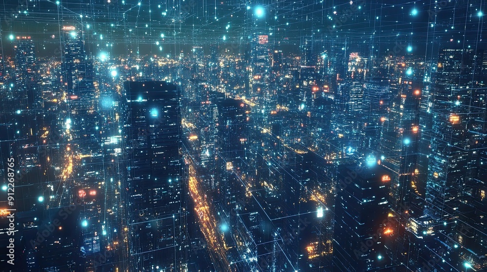 Fototapeta premium A Networked Cityscape at Night with Luminous Lines and Nodes