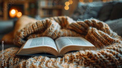 A person sitting in a cozy corner, surrounded by pillows and blankets, reading a book 