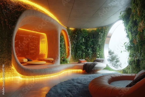 futuristic ecohome interior with living walls floating furniture and holographic displays soft bioluminescent lighting sleek curves and natural materials photo