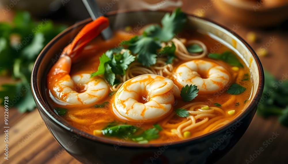 Flavorful Asian shrimp noodle soup with fresh herbs Flavorful Asian shrimp noodle soup with fresh herbs