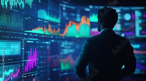 Silhouette of a Man in Suit Against a Wall of Digital Data and Charts - Illustration