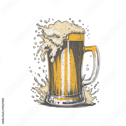 Beer glass, mug in engraved ink vintage style for web, invitation to party or pub menu. Pint of beer with splash and drops design element isolated on white background.
