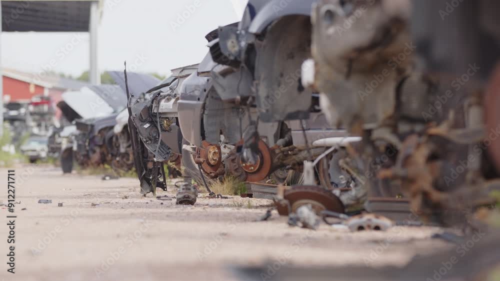Shallow focus low angle slider of abandoned rusty vehicles at scrapyard Shallow focus low angle slider of abandoned rusty vehicles at scrapyard