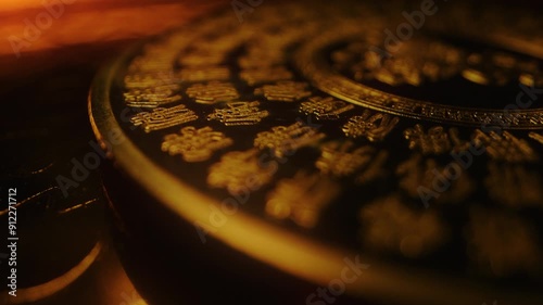 Golden sacred plate with gold ideogram chinese alphabet printed rotate slowly close up