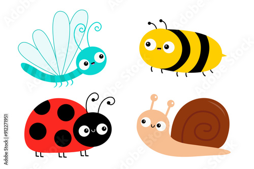 Dragonfly, Ladybug, Bee bumblebee, snail cochlea, lady bug ladybird flying insect icon set. Cute cartoon kawaii funny baby character. Happy Valentines Day. Flat design. White background. Vector