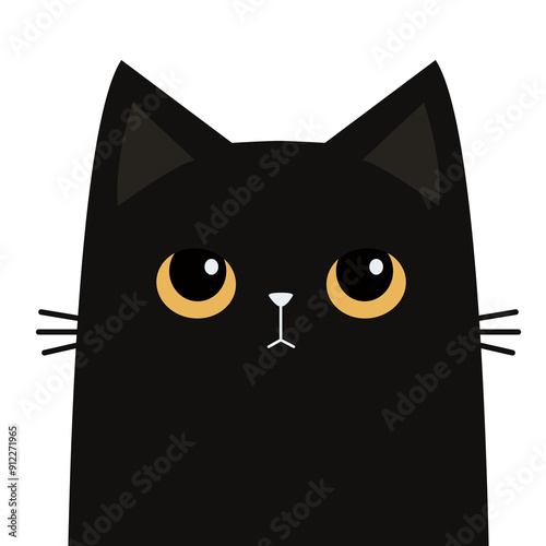Cute funny cat. Sad face head. Kitten with yellow eyes. Black silhouette icon. Kawaii pet animal. Cartoon funny character. Childish style. Happy Halloween. Flat design. White background. Vector