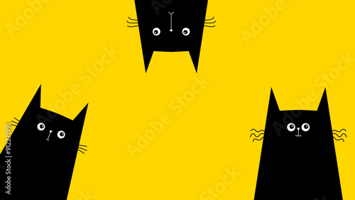 Cat set. Black funny face icon. Kitten in the corner. Kawaii doodle animal. Kitty upsidedown. Cute cartoon funny pet character. Three friends. Banner template. Flat design. Yellow background. Vector