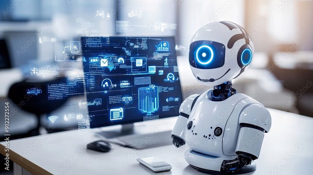 White Robot with Blue Eye and Headset Sitting on a Desk in Front of a Computer Screen White Robot with Blue Eye and Headset Sitting on a Desk in Front of a Computer Screen