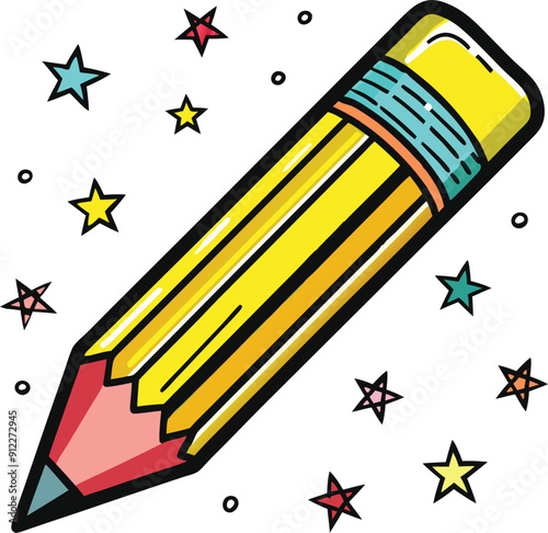 Groovy Pencil Surrounded By Stars Doodle Art Illustration 