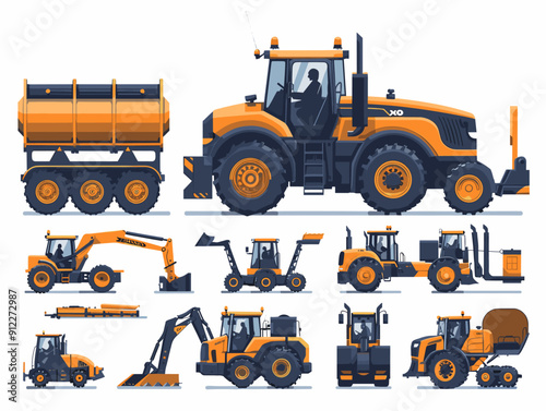 Set of agricultural machinery and equipment. Tractor, excavator, loader, forklift, tractor, harvester. Vector illustration.