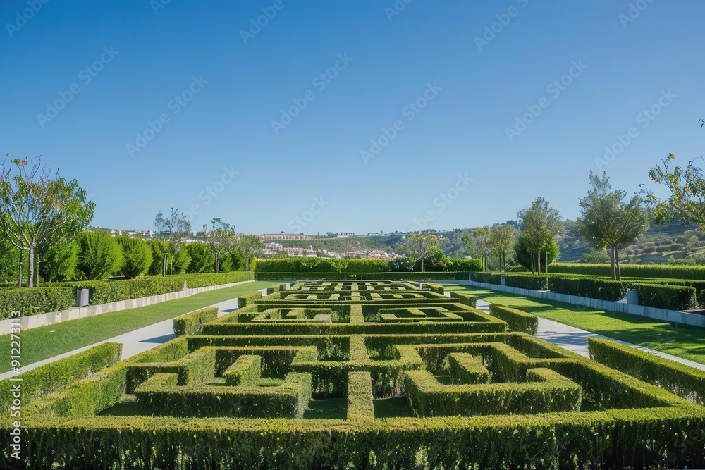 pristine white hedge maze stretching towards the horizon under a clear blue sky perfectly manicured and symmetrical the labyrinth creates an elegant and mysterious garden landscape
