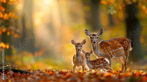 Family of Deer in Autumn Forest