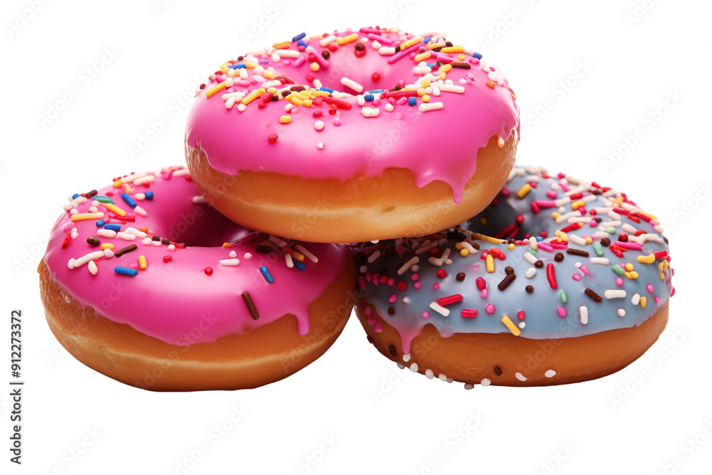 A Trio of Sweet Delights: Pink, Blue, and Sprinkled Donuts on a White or Clear Surface PNG Transparent Background.