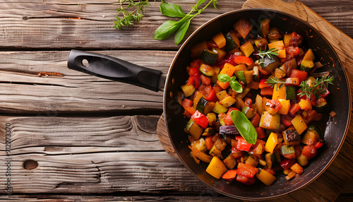 Vegetable Ratatouille in frying pan on a wooden table