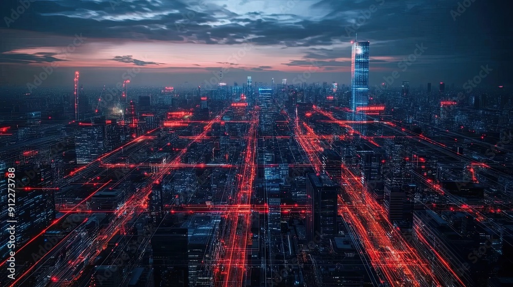 Fototapeta premium Futuristic Cityscape with Red Light Trails and a Tall Skyscraper