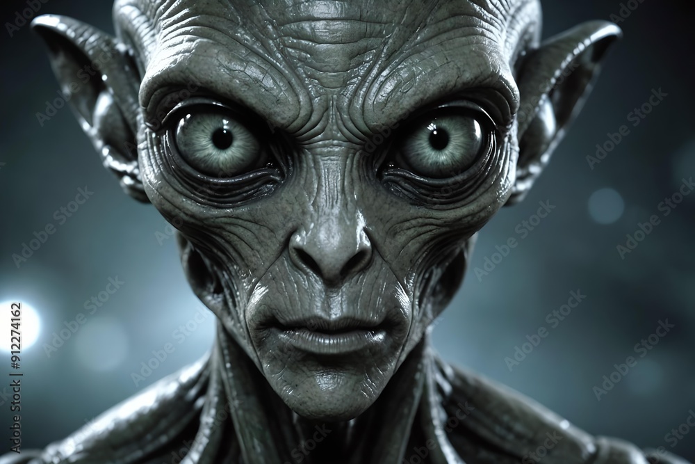 Grey alien with blue eyes close up portrait, scary monster picture, dark ambience