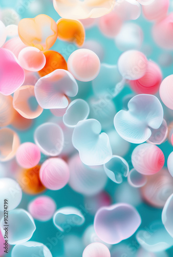 Colorful abstract close-up of biological cells in a variety of soft hues, ideal for scientific and medical visualizations, biology posters, and educational content.