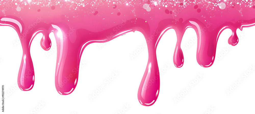 Dripping glossy pink slime with glitter isolated on transparent background. Border of shiny flowing sticky sweet goo. Vector template of cream, jelly or caramel glaze for cake or donut. Dripping glossy pink slime with glitter isolated on transparent background. Border of shiny flowing sticky sweet goo. Vector template of cream, jelly or caramel glaze for cake or donut.
