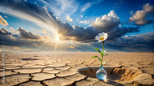 A barren desert with a single blooming flower being watered by a single drop from a cloud, highlighting the scarcity of water and its preciousness.