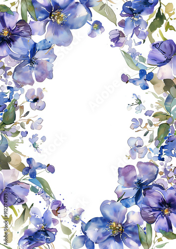 watercolor of small floral frame border, big copy space at center, purple theme,invite card style, no text