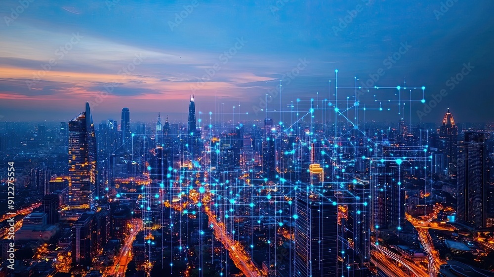 A Nighttime Aerial View of a Modern Cityscape with Illuminated Buildings and a Network of Blue Lines. A Nighttime Aerial View of a Modern Cityscape with Illuminated Buildings and a Network of Blue Lines.