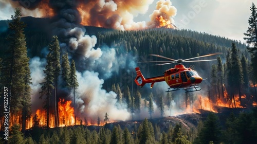 Helicopter Flying Over Forest Fire