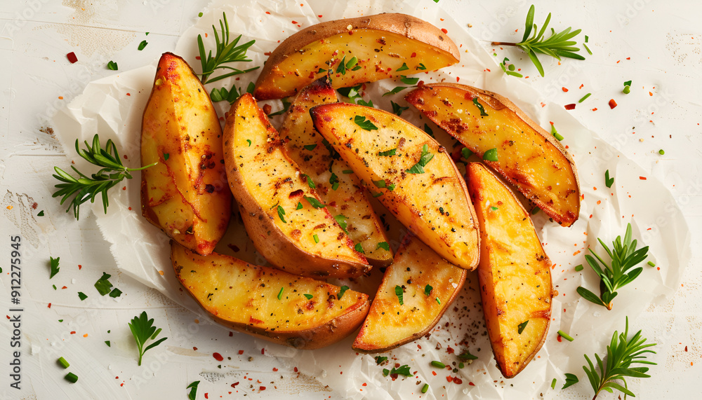 Ruddy Baked potato wedges with herbs on a light background. Flat lay. Top view Ruddy Baked potato wedges with herbs on a light background. Flat lay. Top view