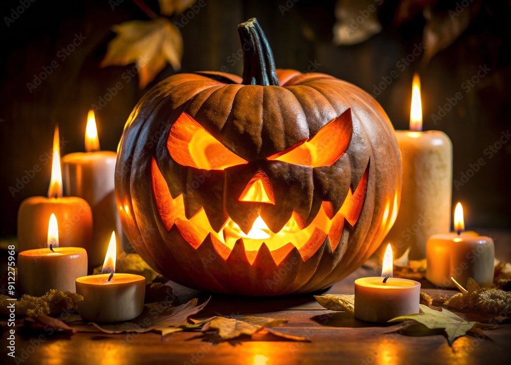 jack-o'-lantern on a background of candles and autumn leaves, halloween atmosphere and vibe, spooky pumpkin jack-o'-lantern on a background of candles and autumn leaves, halloween atmosphere and vibe, spooky pumpkin