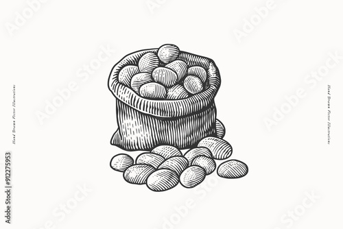 A hand-drawn illustration of a sack filled with potatoes, with some potatoes spilling out onto the ground. Ideal for themes related to agriculture, farming, and fresh produce.