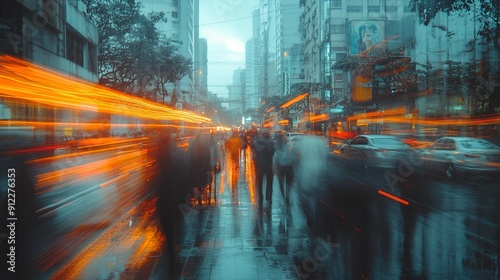 Dynamic scenes display slight motion blur of buildings, crowds, and cars. Mainly in dark blue and orange tones, highlighting its vibrant and constantly active nature